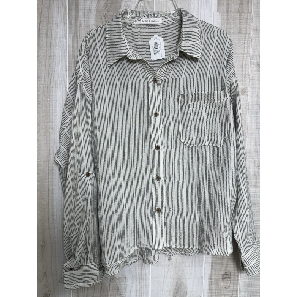 NWT Becool Juliette Striped Cotton Gauze Button Up Coastal Resortwear Boho M/L